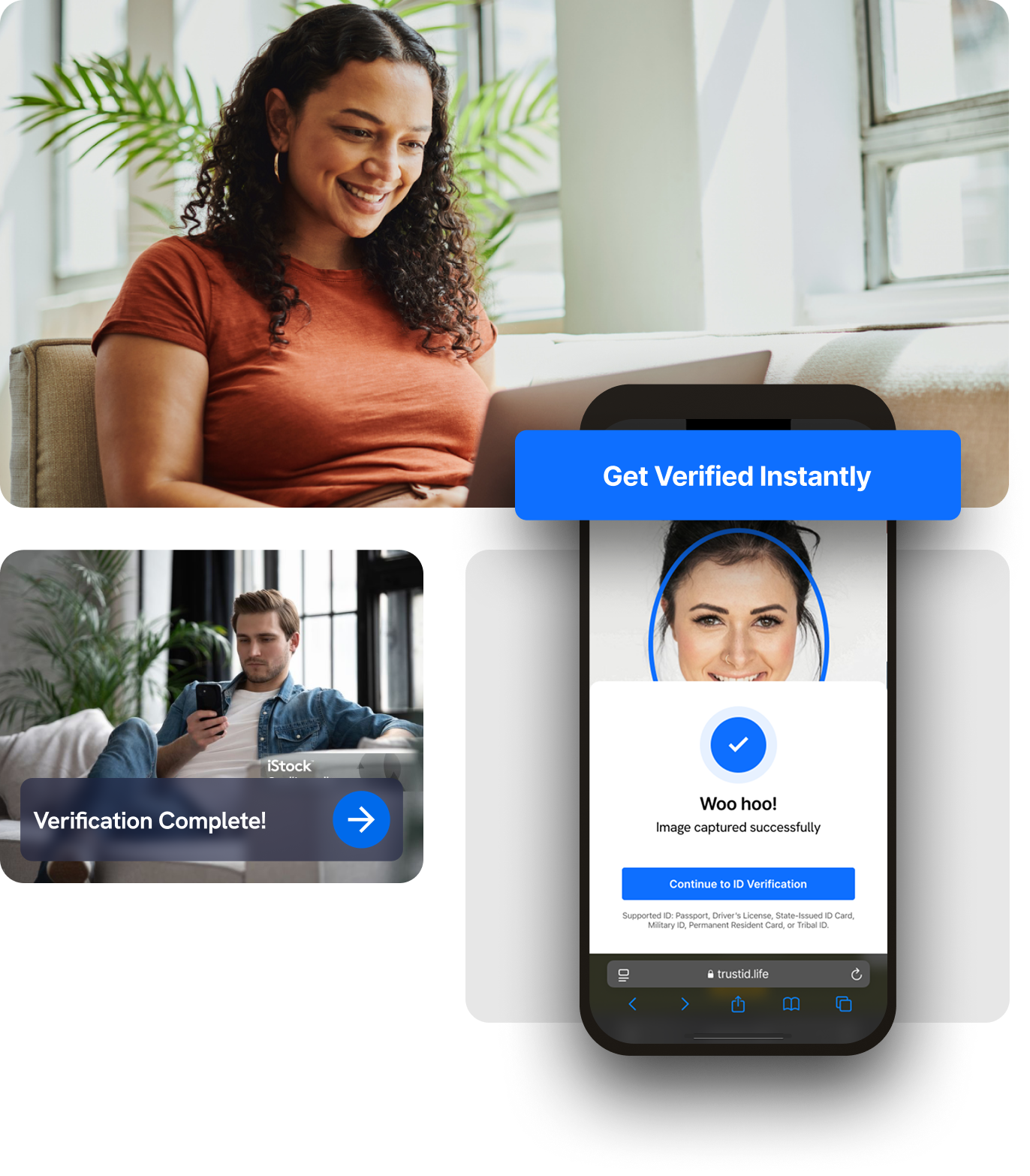 Collage showing a woman on a laptop, a man on a phone, and a mobile Trust ID age‑verification screen