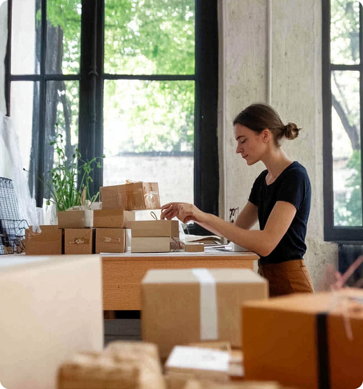 Woman wrapping and labeling small boxes at a desk in a bright studio