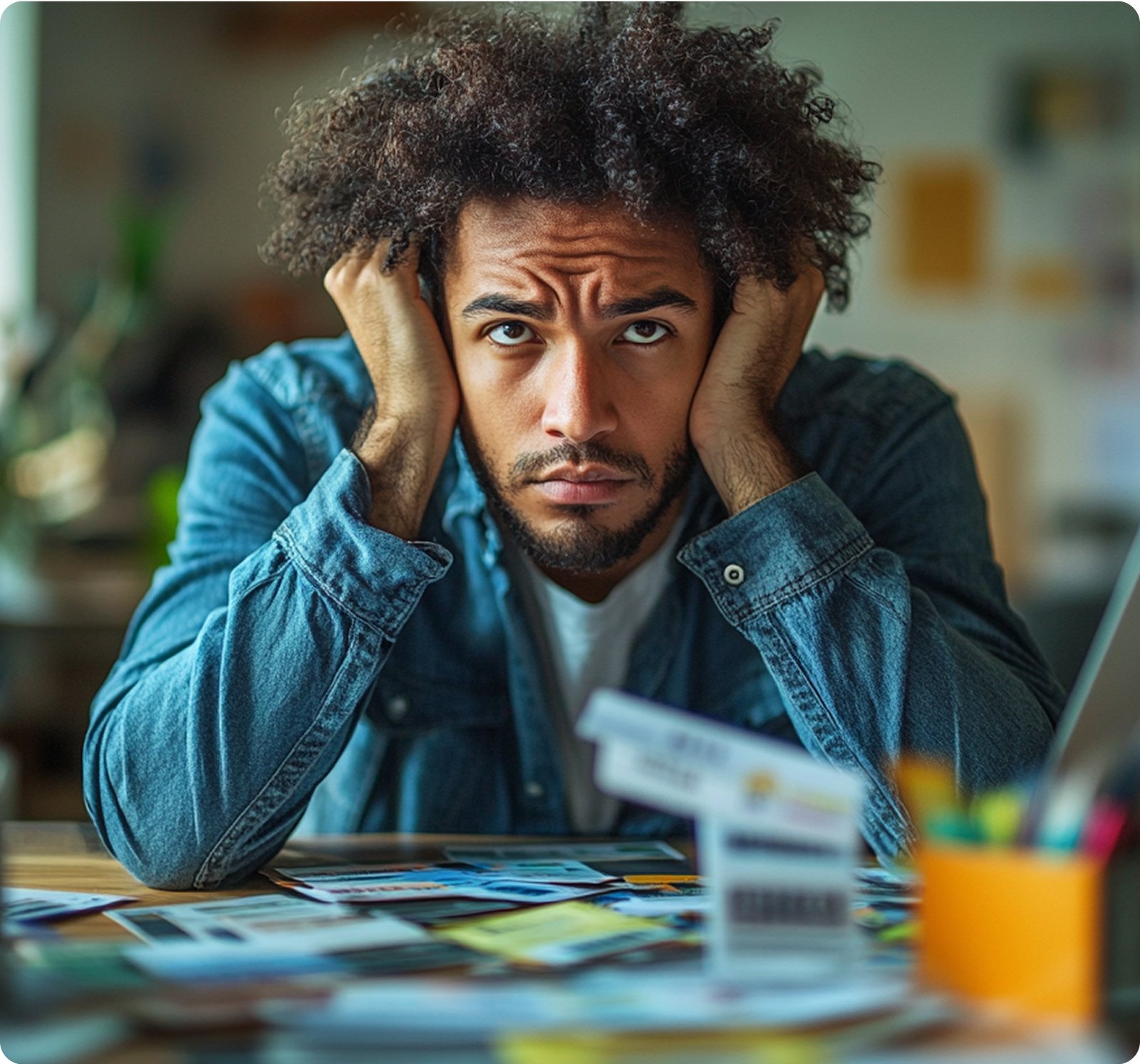 Man with curly hair holding his head in frustration at a desk covered with cards and papers