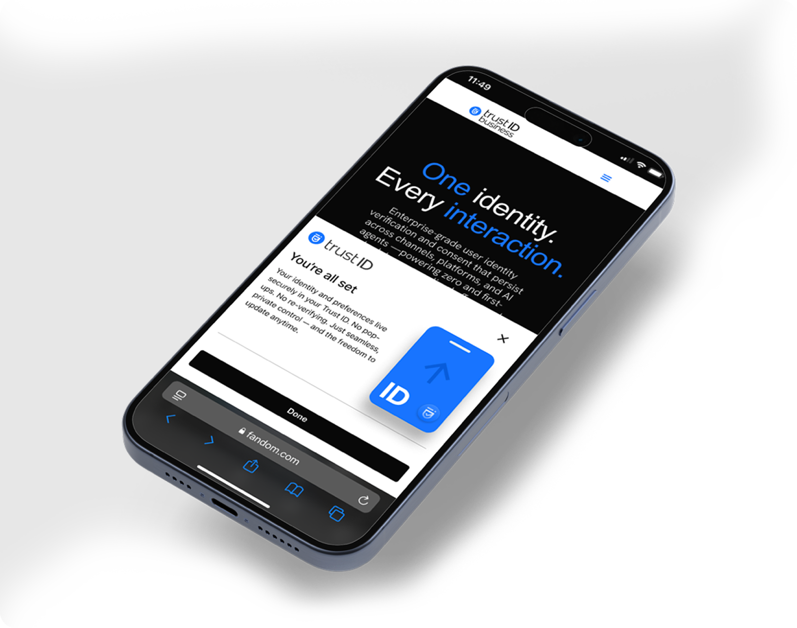 Blue Trust ID mobile card and confirmation screen indicating verification is complete