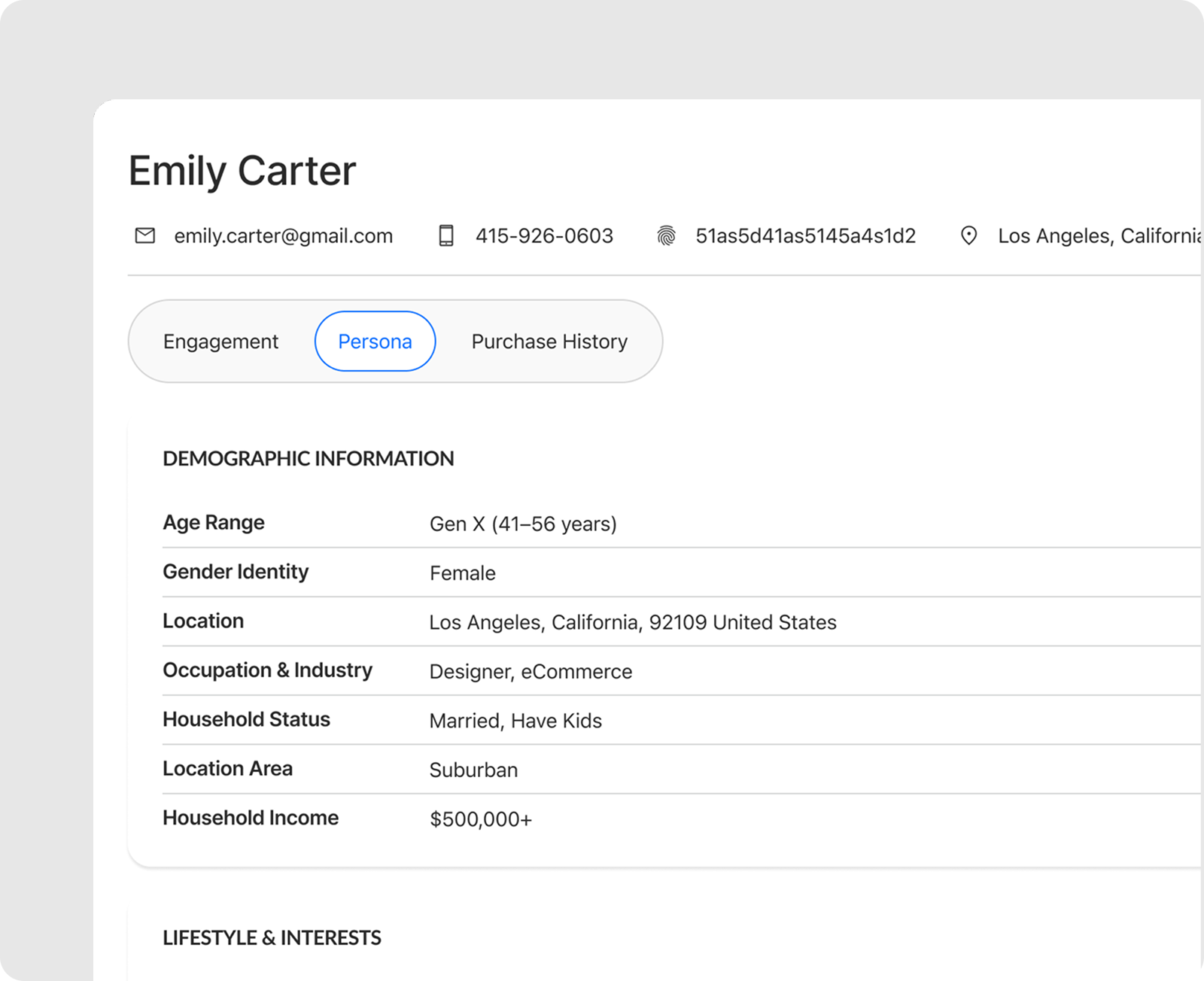 Trust ID persona dashboard for ‘Emily Carter’ showing verified demographic fields like age range, gender, location and income